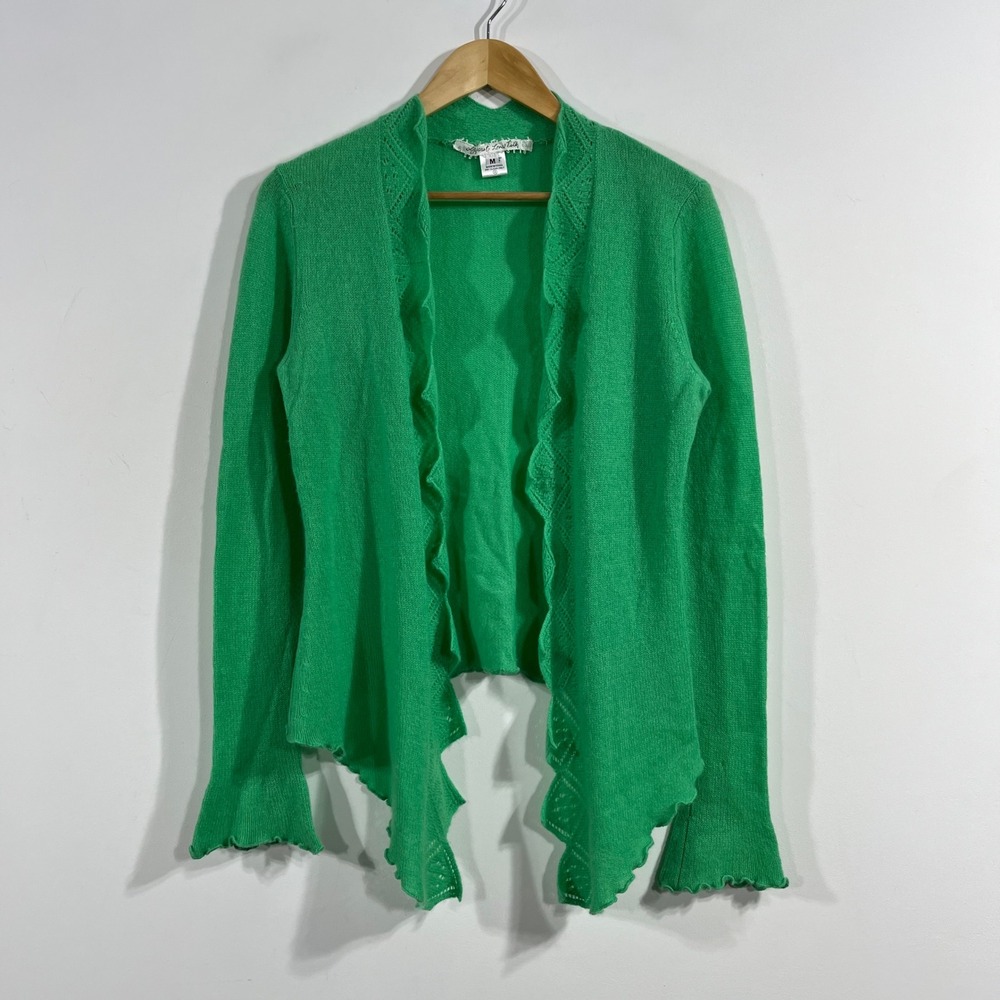 Margaret Loves Peter 100% Scottish Cashmere Green Ruffle Pointelle Cardigan M